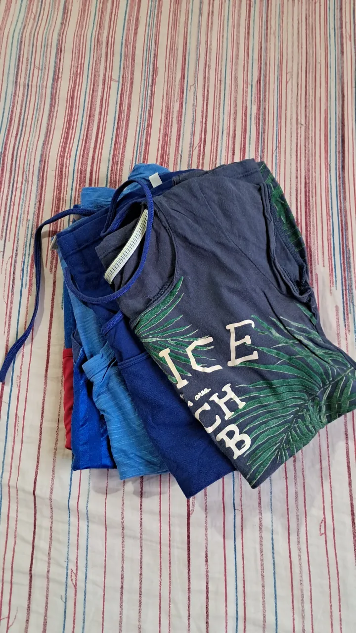 Lote de remeras de mujer, ideal para el día a día o para un look casual. Incluye una remera estampada con hojas tropicales y la frase "Venice Beach Club", una remera azul con tiras finas, una remera azul con mangas cortas y detalles fruncidos, y una remera reversible roja y azul con bolsillo. en total 5 prendas