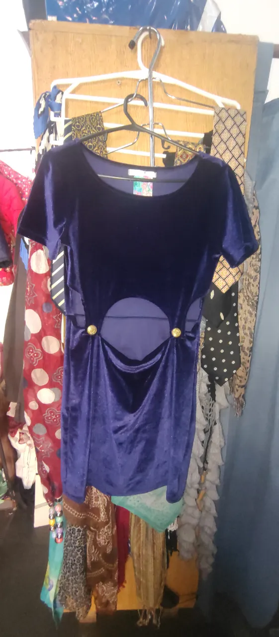 Vestido mini de terciopelo azul con detalles dorados en la cintura. Ideal para una fiesta o salida.