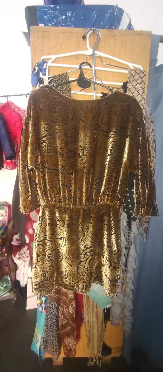 Vestido mini de terciopelo dorado con estampado floral en negro. Corte a la cintura y mangas 3/4. Ideal para fiestas y eventos.