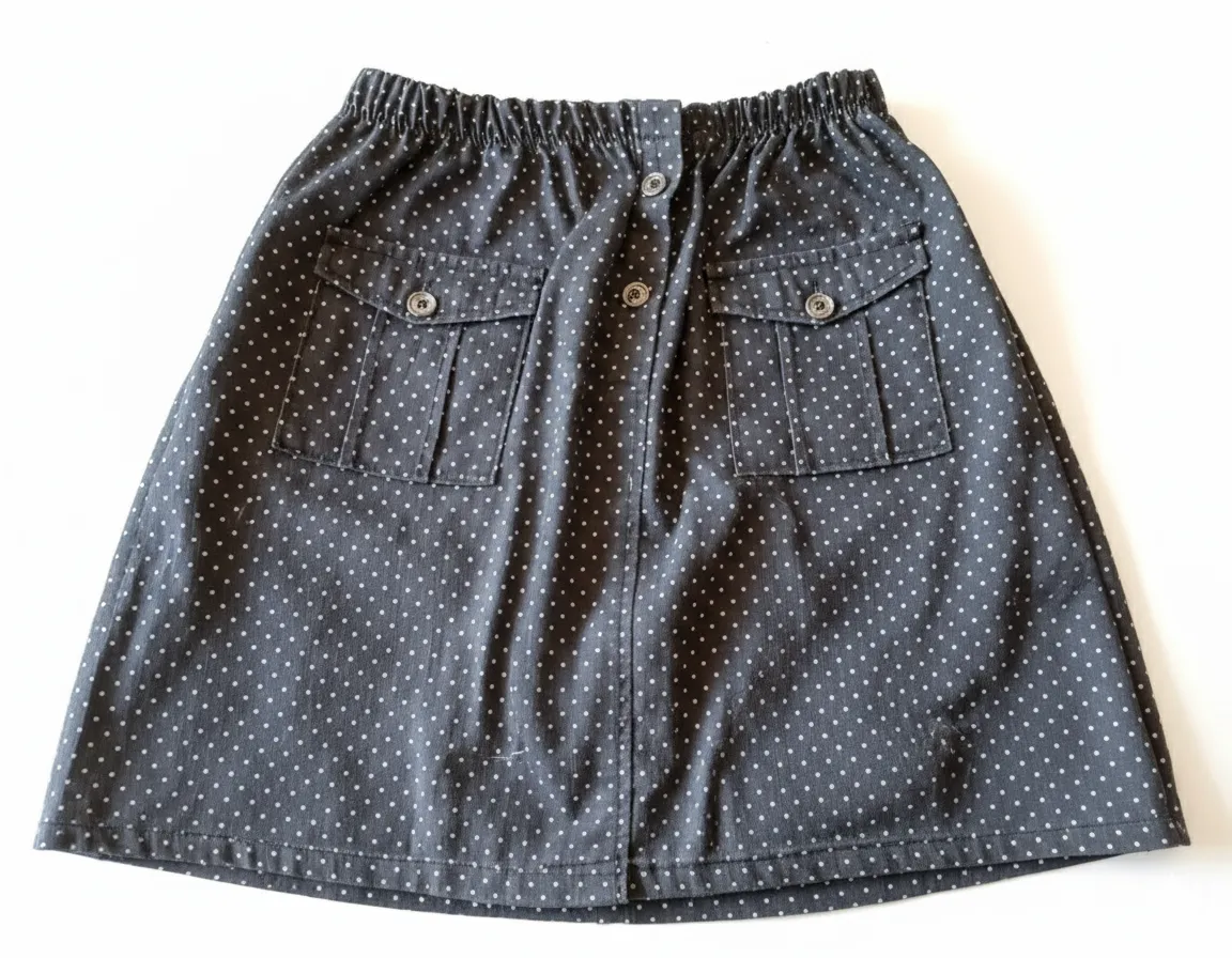 Pollera corta de gabardina con estampa de lunares blancos sobre fondo gris oscuro. Posee cintura elastizada, dos bolsillos con tapa y botón en la parte delantera. Era un vestido que remodelé a mini, tiene los detalles de costura qué se ven en las fotos. Cualquier duda consultar. Talle 42/44 