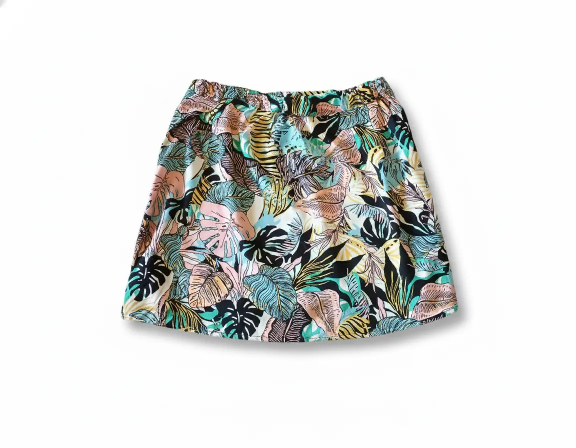 Pollera corta con estampado tropical, ideal para el verano. Super fresca. Cintura elastizada. Confeccionada a partir de un vestido. Va bien para L/XL.  La tela es fibrana. 