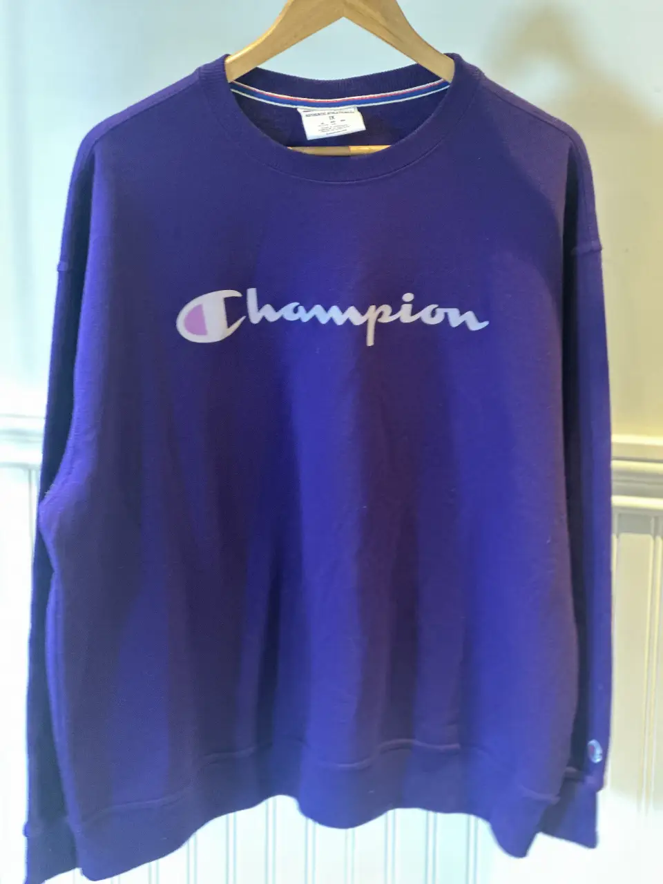 Buzo Champion de cuello redondo, color violeta, talle 1X. Ideal para un look casual y cómodo.
