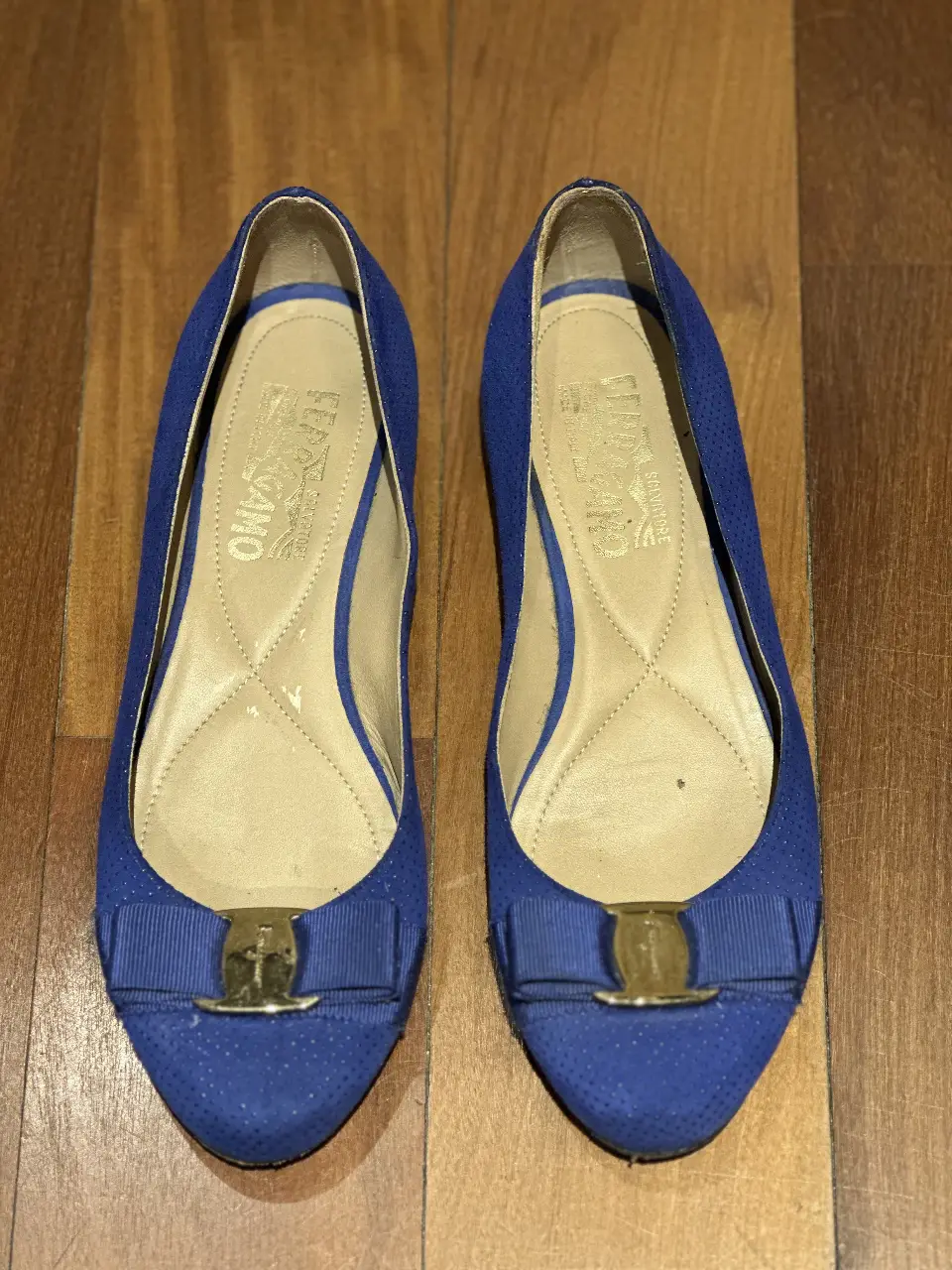 Ballerinas azules de cuero con moño y detalle dorado. Perfectas para un look elegante y cómodo.