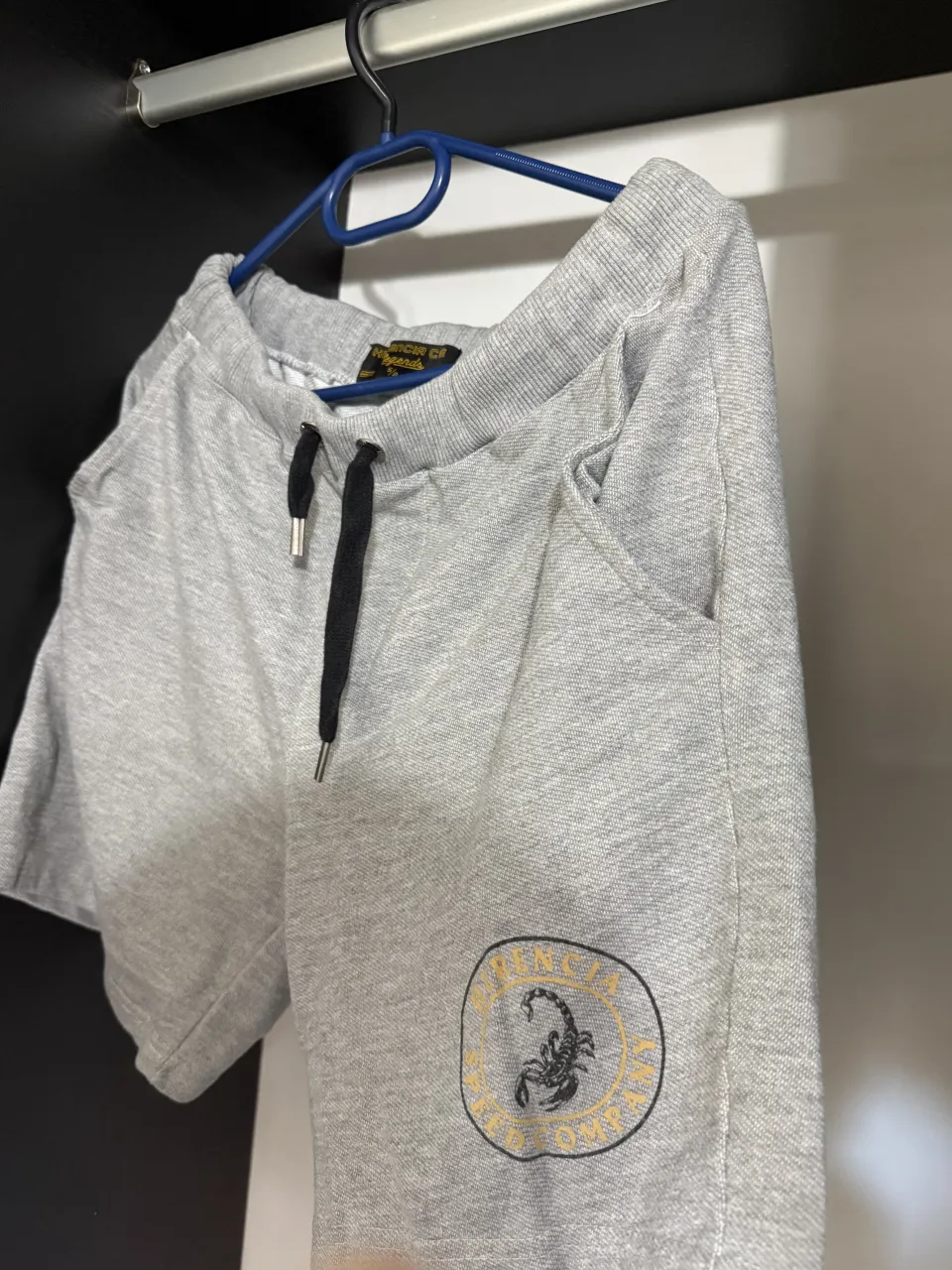 Shorts de algodón gris con cordón negro en la cintura y logo de escorpión en el frente. Posee un bolsillo trasero con etiqueta.