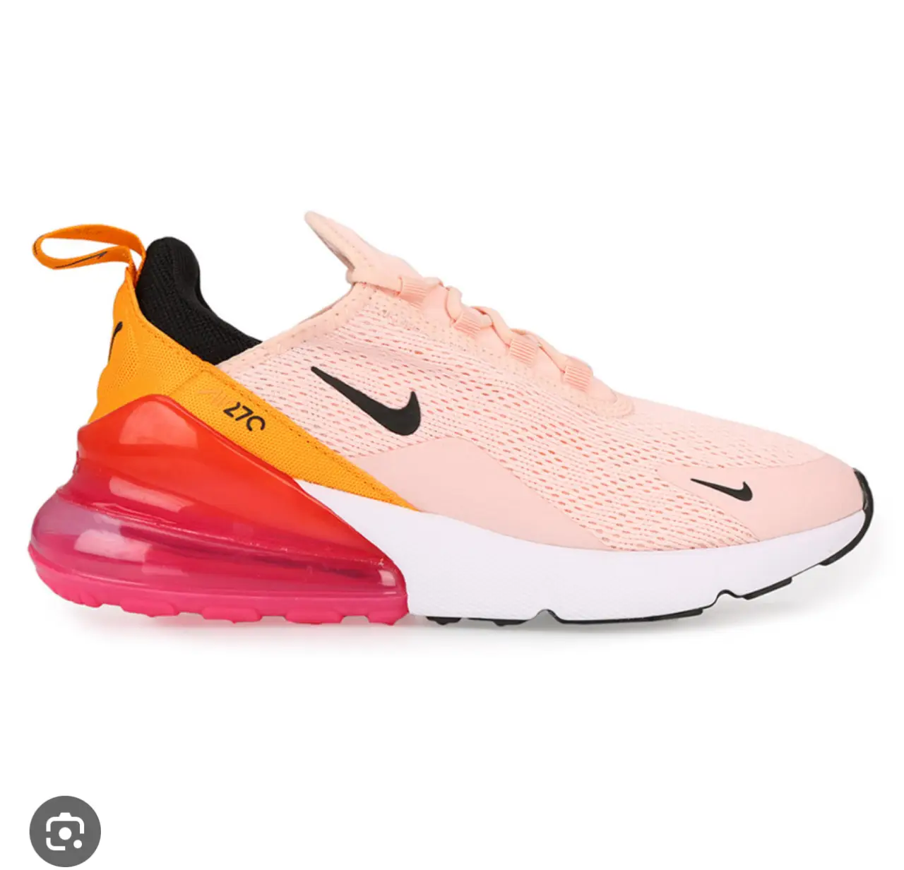 Zapatillas Nike Air Max 270 para mujer, color rosa con detalles en naranja y negro. Diseño moderno y cómodo, ideal para uso diario y actividades deportivas. sin uso