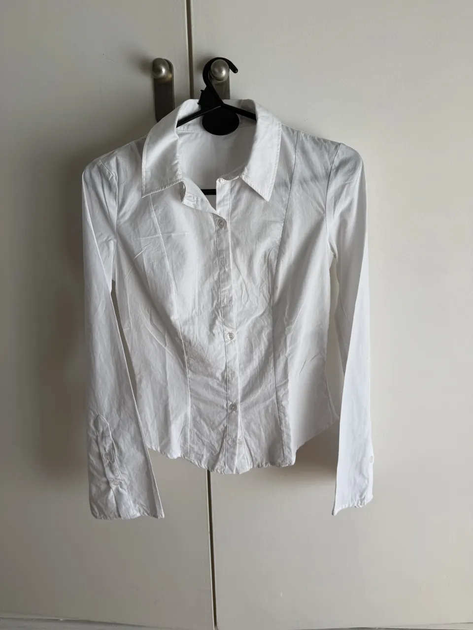Camisa blanca de manga larga con botones al frente y cuello. Posee detalles de costura en el frente para entalle.