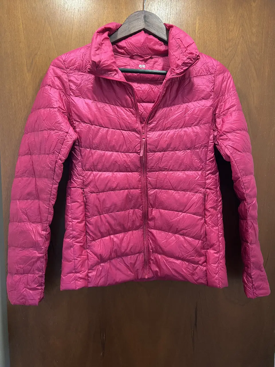 Campera de pluma rosa, ideal para el invierno. Con cierre y cuello alto.