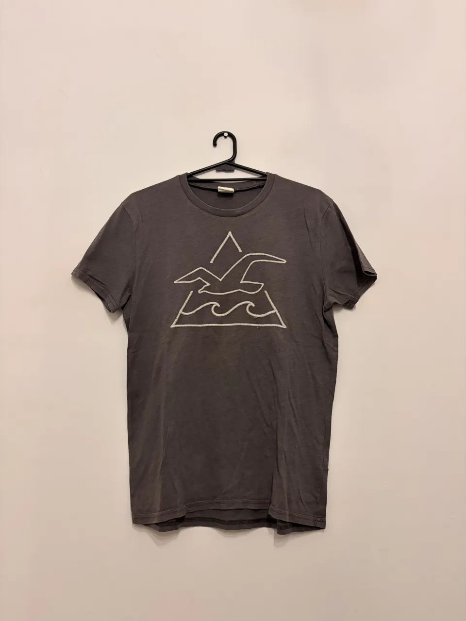 Remera gris oscura Hollister con estampa de un triángulo con un ave y olas. Ideal para un look casual y relajado.