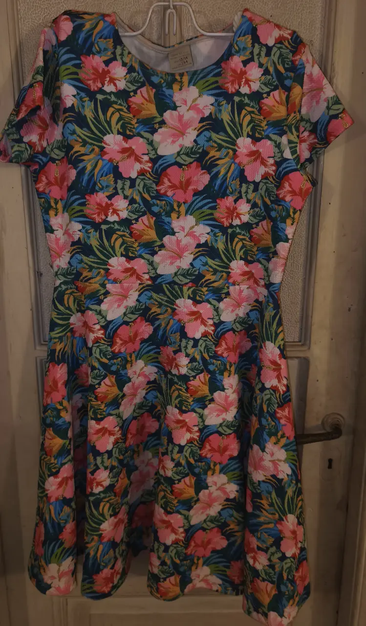 Vestido mini con estampado floral en tonos rosa y azul. Ideal para un look fresco y femenino. Es un vestido amplio y elastizado