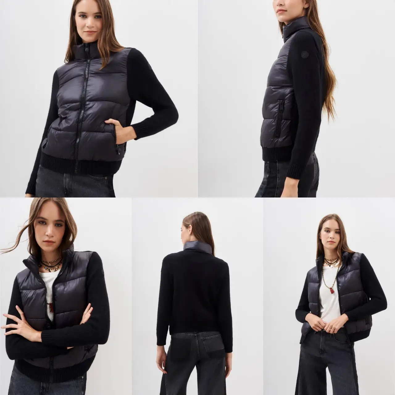Chaleco acolchado negro con mangas y cuello de tejido de punto. Ideal para un look casual y abrigado.