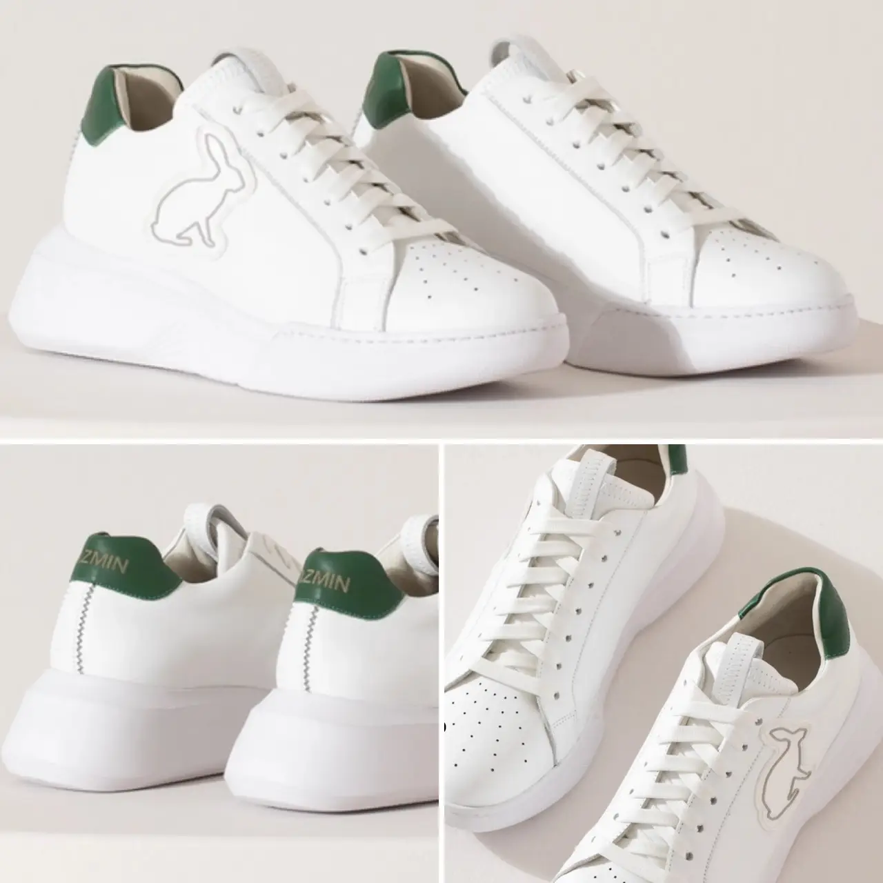 Zapatillas Kate blancas con detalles en verde. Diseño con el logo de un conejo en el lateral. Ideales para un look casual y moderno.
