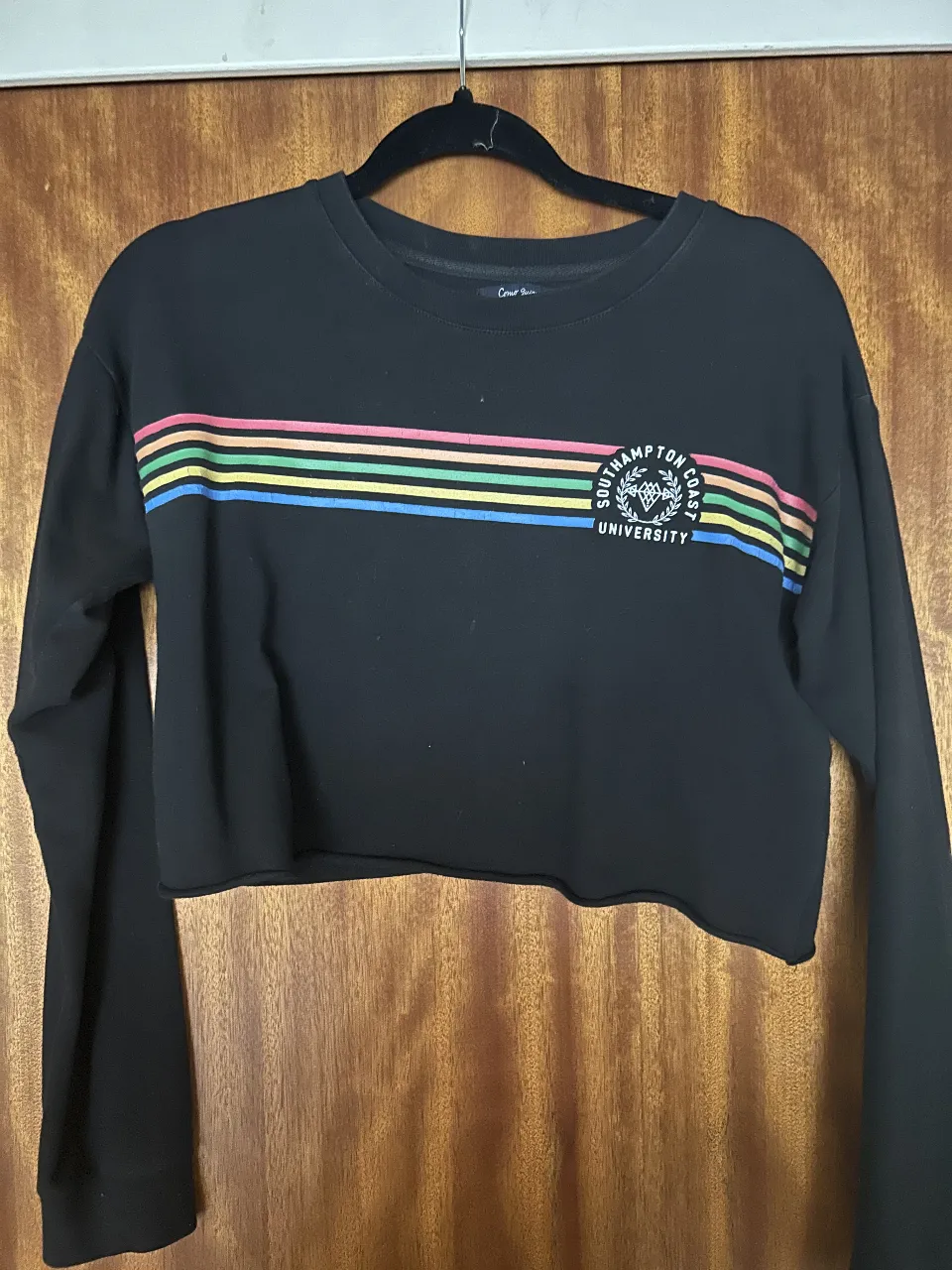 Buzo negro crop con mangas largas, tiene un estampado de líneas de colores (arcoíris) y el logo de Southampton Coast University. Ideal para un look casual y moderno.