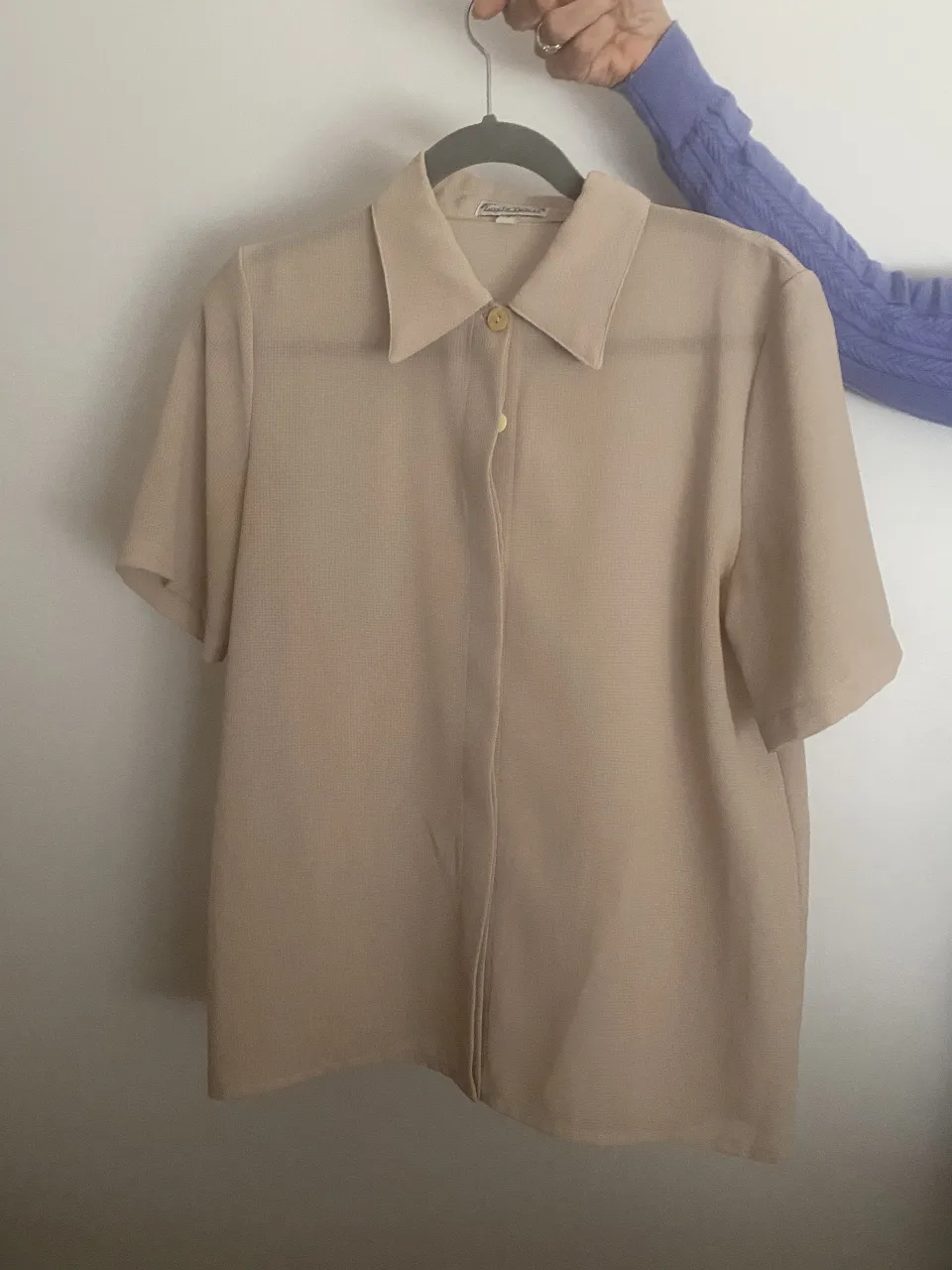 Camisa de vestir color beige, manga corta y cuello clásico. Con un botón a la vista y el resto con solapa que los oculta. Diseño liso con una textura sutil. Ideal para un look elegante y formal.