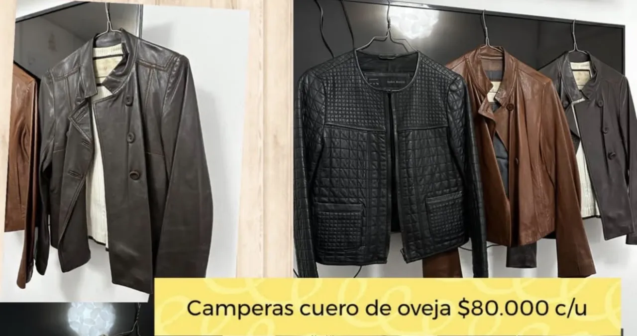 Campera de cuero de oveja, color marrón oscuro y negro. Diseño acolchado en la campera negra. Botones visibles en la campera marrón.