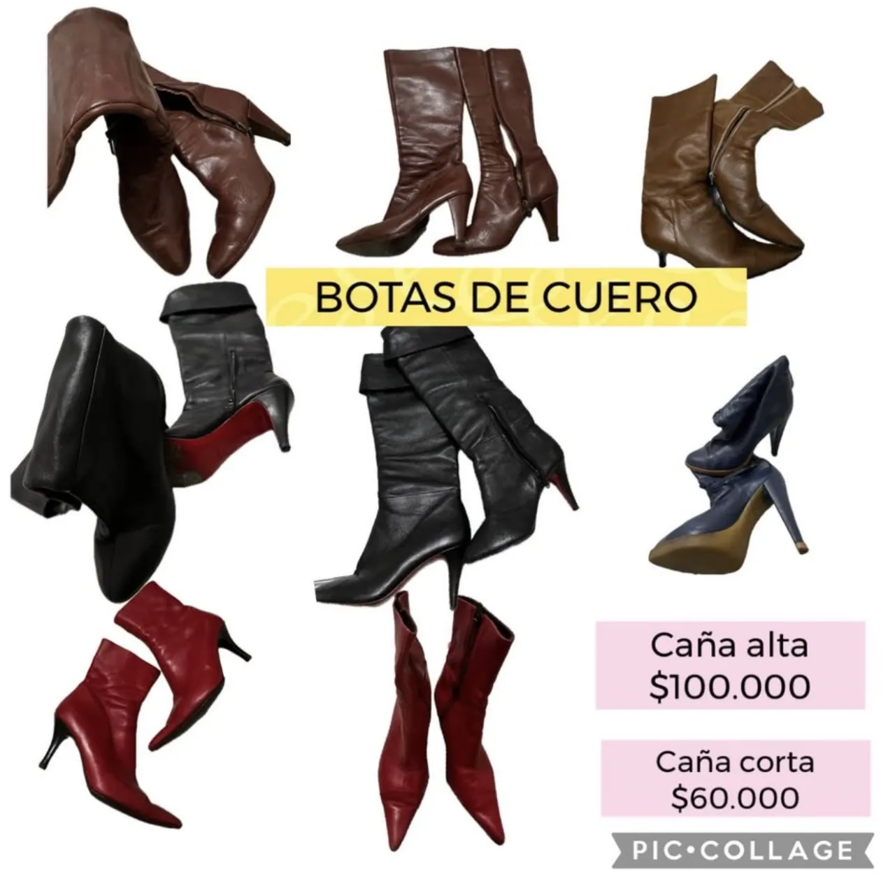 Botas de cuero marrones de caña alta y caña baja. Botas de cuero negras de caña alta y caña baja. Botas de cuero rojas de caña baja.
