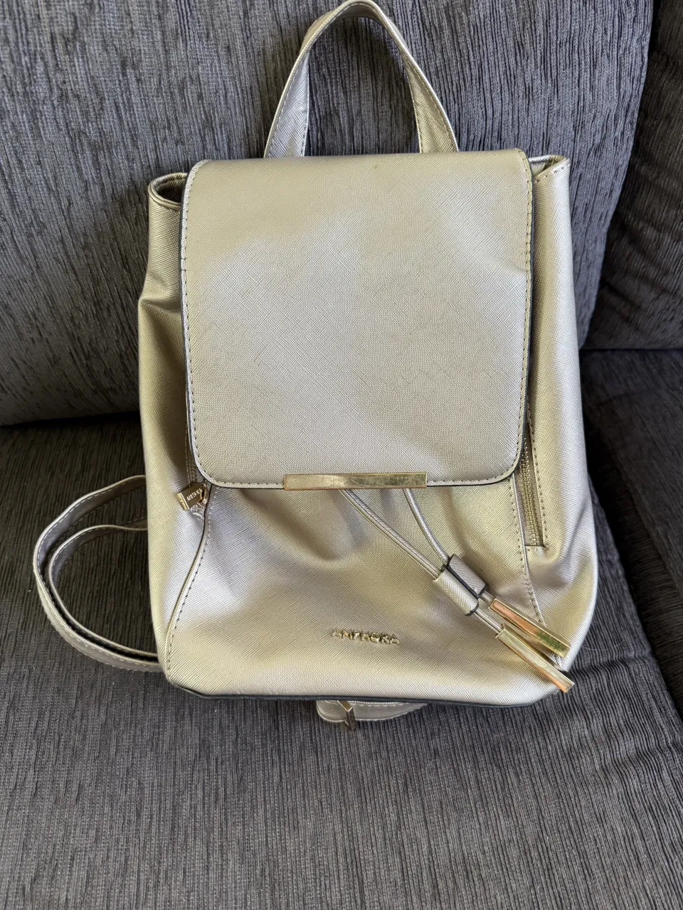 Mochila dorada con solapa y cierre. Posee tiras ajustables y un bolsillo exterior con cierre. El interior tiene forro estampado con el logo de la marca y un bolsillo interno con cierre.

detalle: tiene desgastada la parte de adelante dorada como se ve en la foto