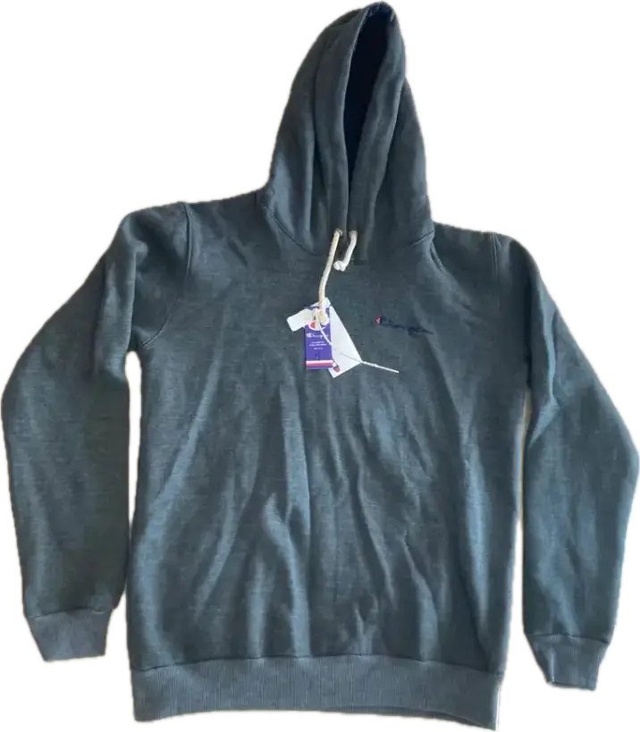 Buzo canguro Champion gris con capucha y logo bordado. Ideal para un look casual y cómodo.