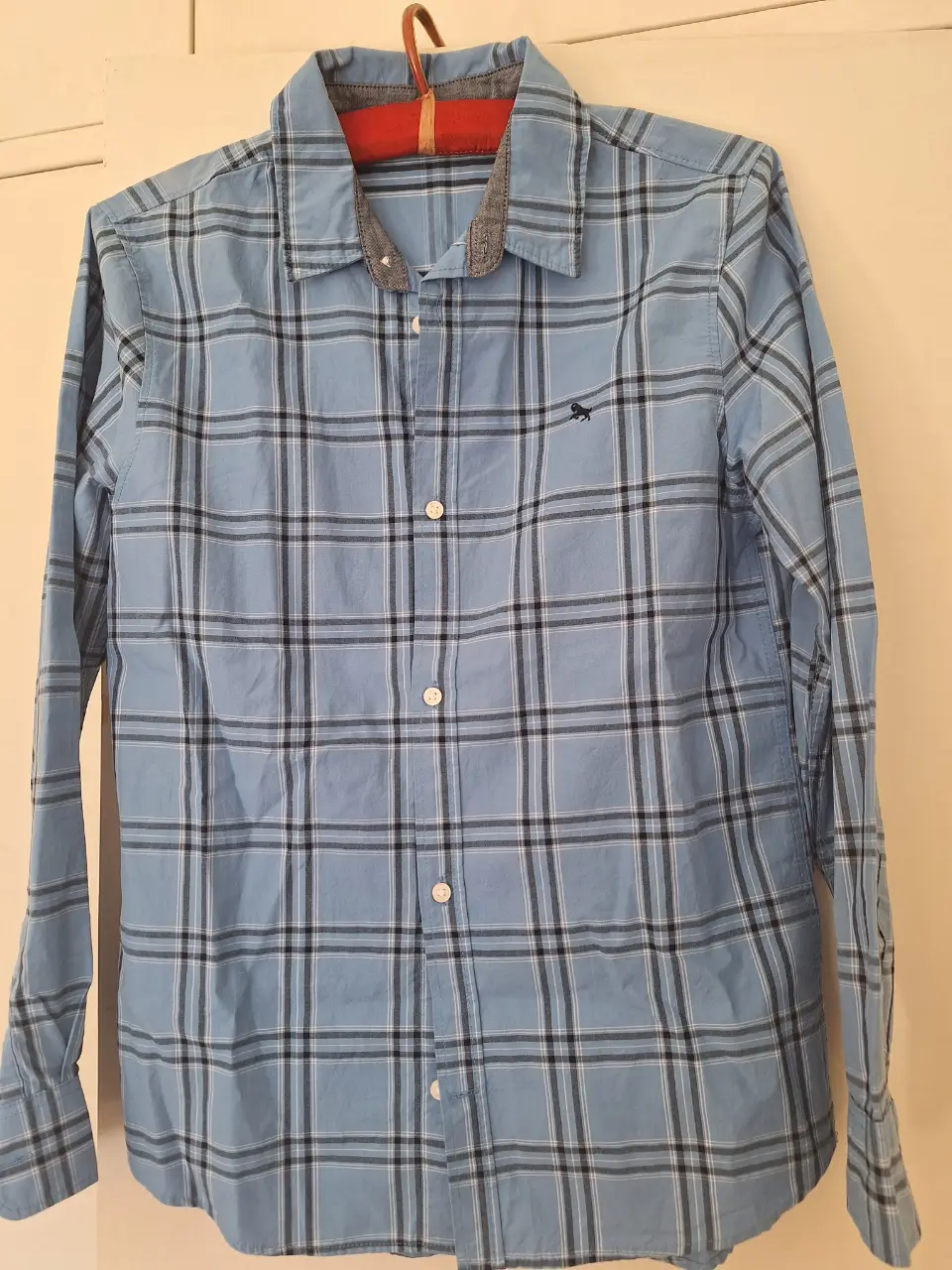 Camisa a cuadros celeste y negro de manga larga para niño, ideal para un look casual y cómodo.