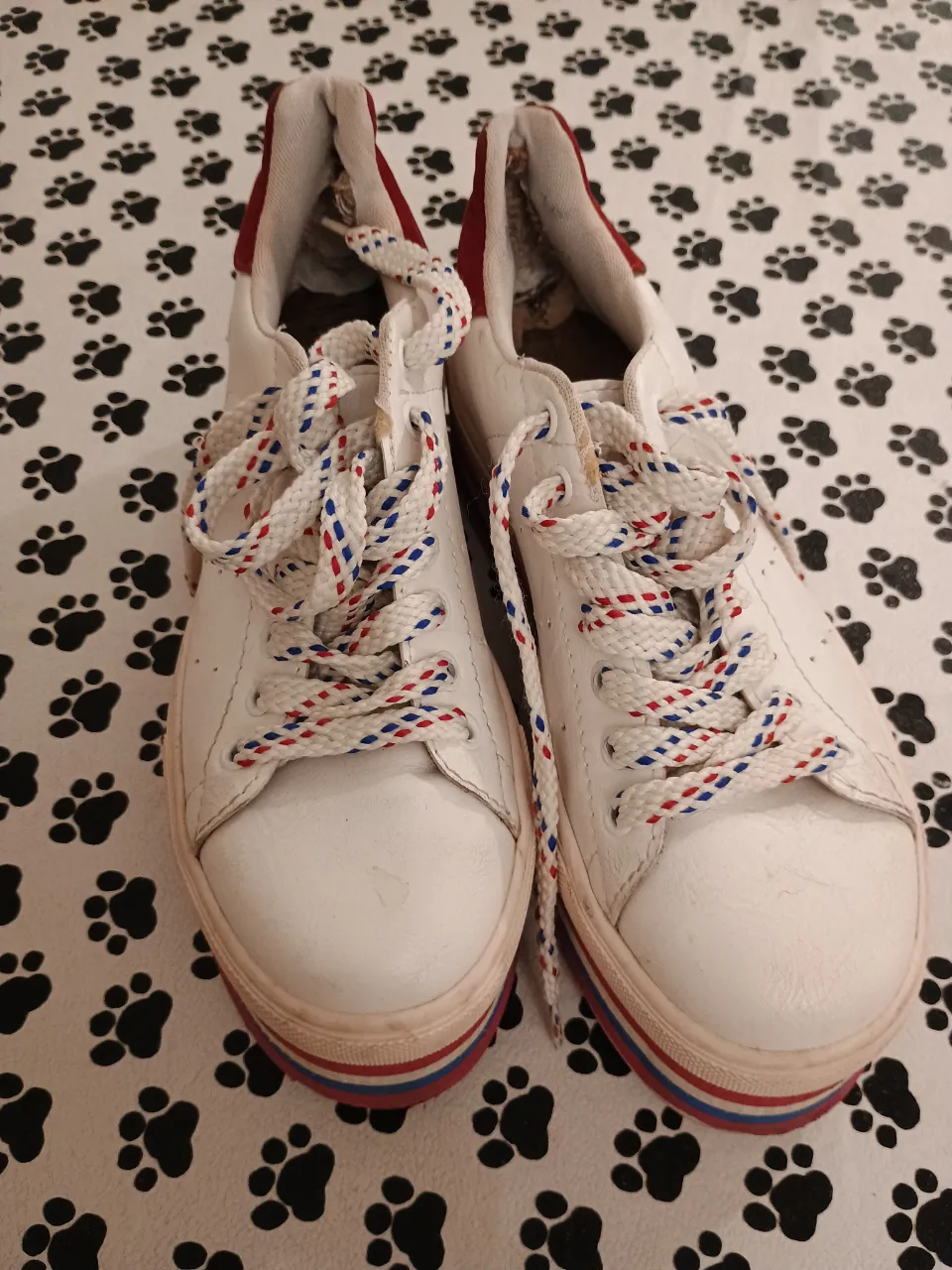 Zapatillas blancas con detalles en rojo y azul en la suela y cordones. Ideales para un look casual y cómodo.