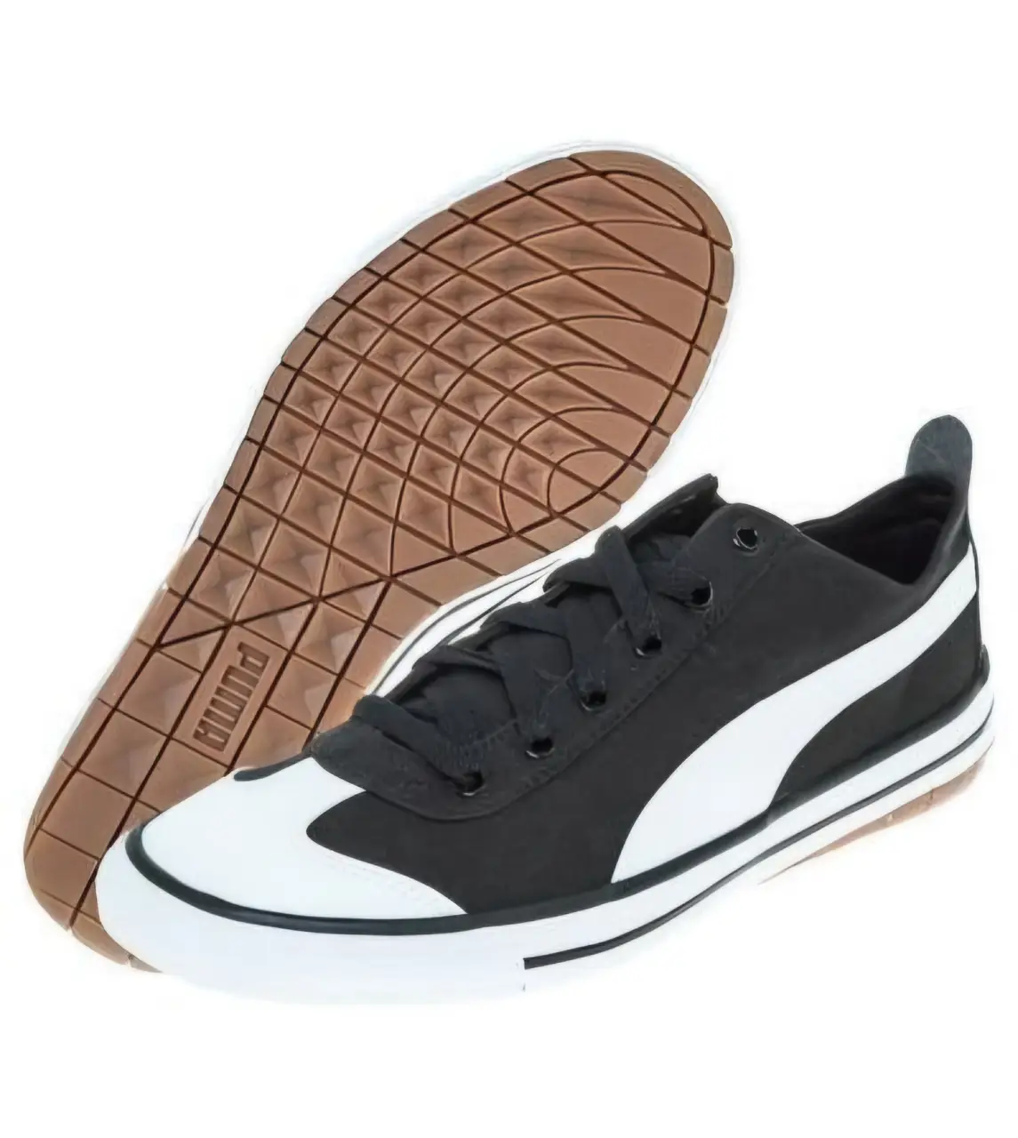 Zapatillas Puma negras con detalles blancos. Diseño clásico y versátil, ideales para uso diario. Suela de goma resistente.