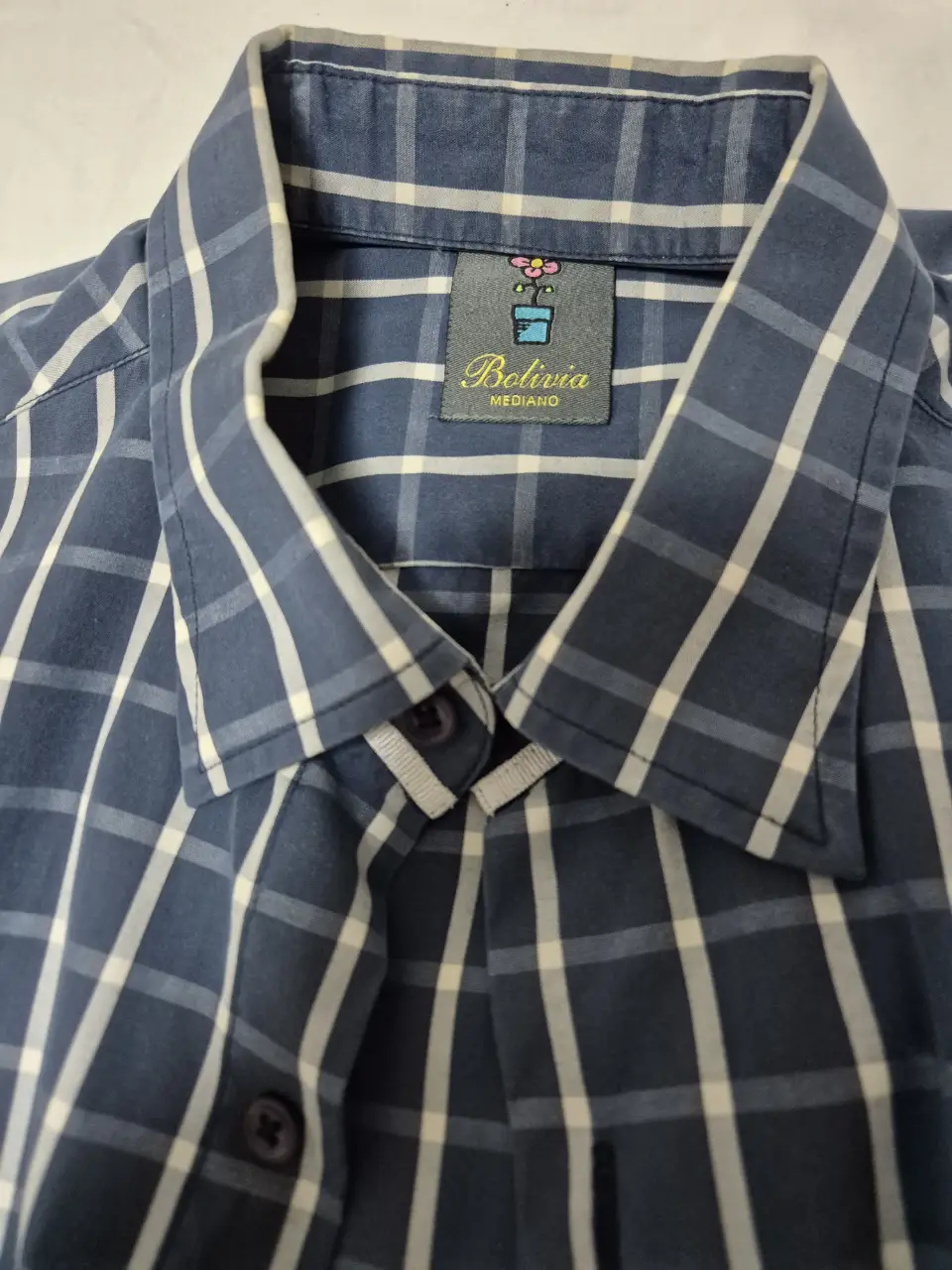 Camisa a cuadros azul y blanca de hombre, con cuello y botones. Marca Bolivia Mediano.