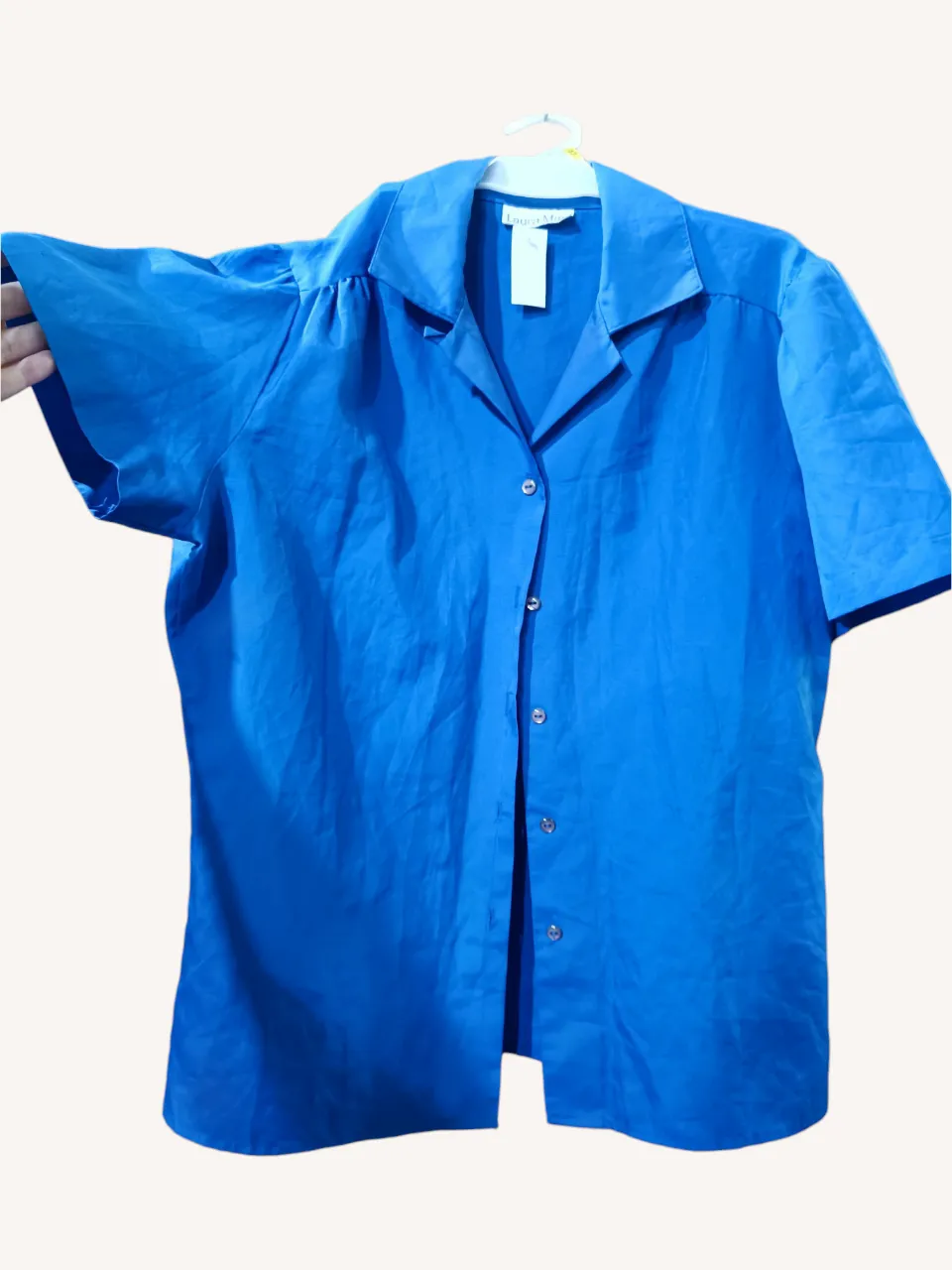 Camisa vintage azul de manga corta con botones al frente. Cuello camisero y detalle fruncido en los hombros. Perfecta para un look casual y fresco.