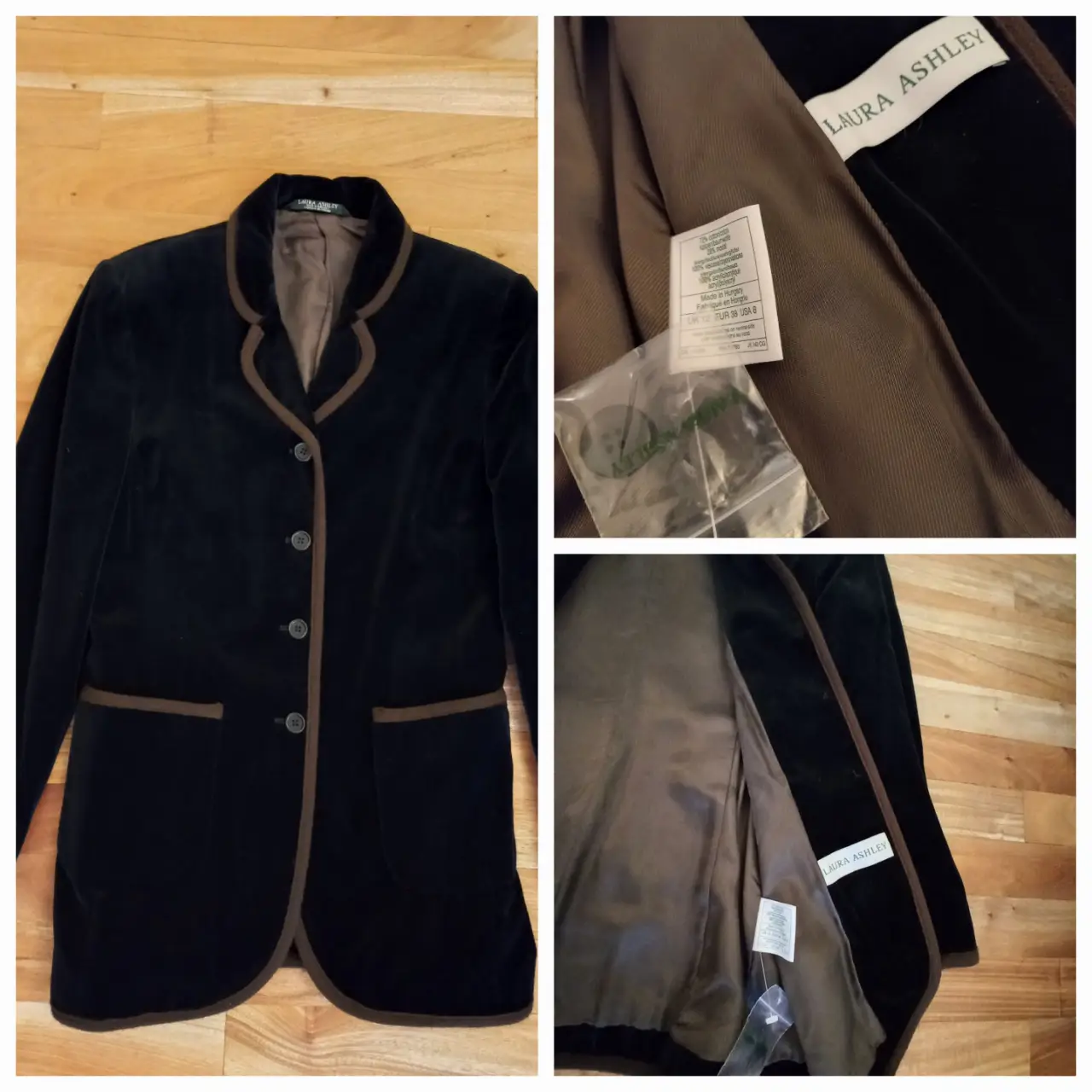 Blazer de terciopelo negro con detalles en marrón. Corte clásico con botones y bolsillos. Ideal para un look elegante y sofisticado.