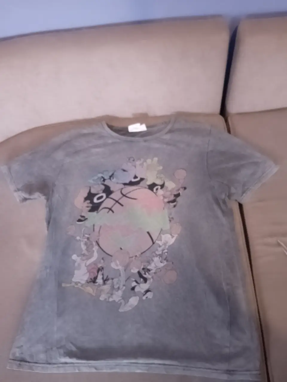Remera gris de manga corta con estampado de personajes de Space Jam y un balón de básquet. Talle M, ideal para un look casual y urbano.