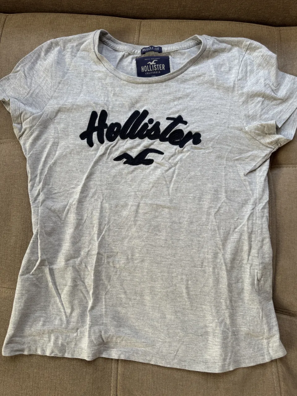 Remera gris de manga corta con estampa del logo de Hollister en negro en el frente.