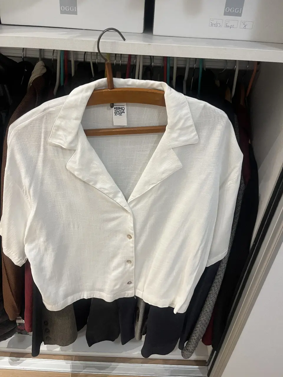 Camisa blanca de lino con cuello y botones. Ideal para un look fresco y casual. talle único.
