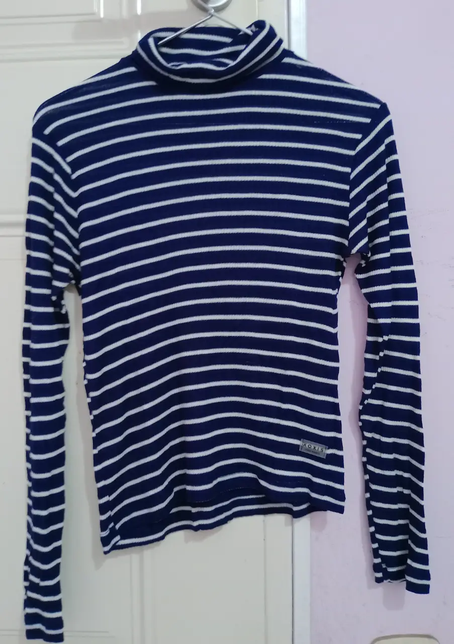 Remera de manga larga para mujer, con cuello alto y diseño a rayas horizontales en azul y blanco. Ideal para un look casual y cómodo.