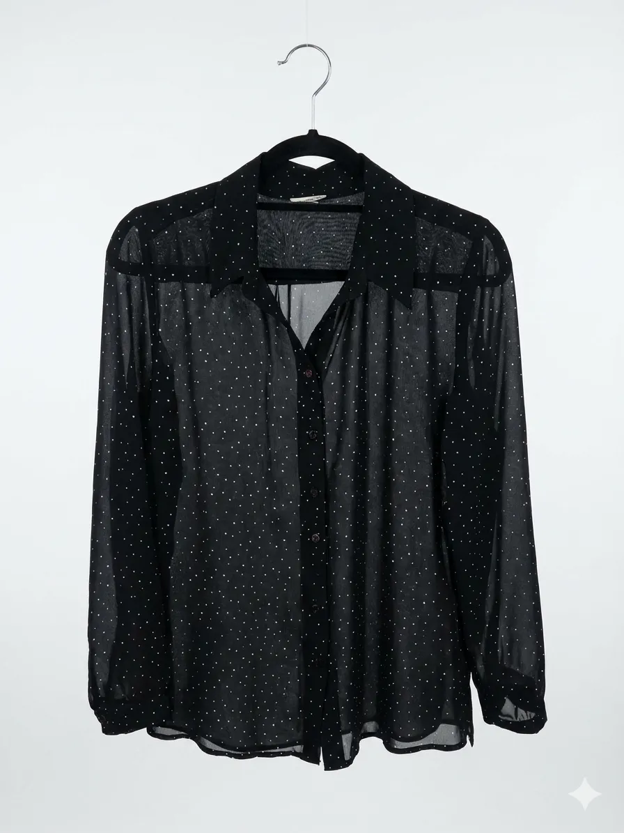 Camisa negra con pequeños puntos blancos. Posee cuello y mangas largas.