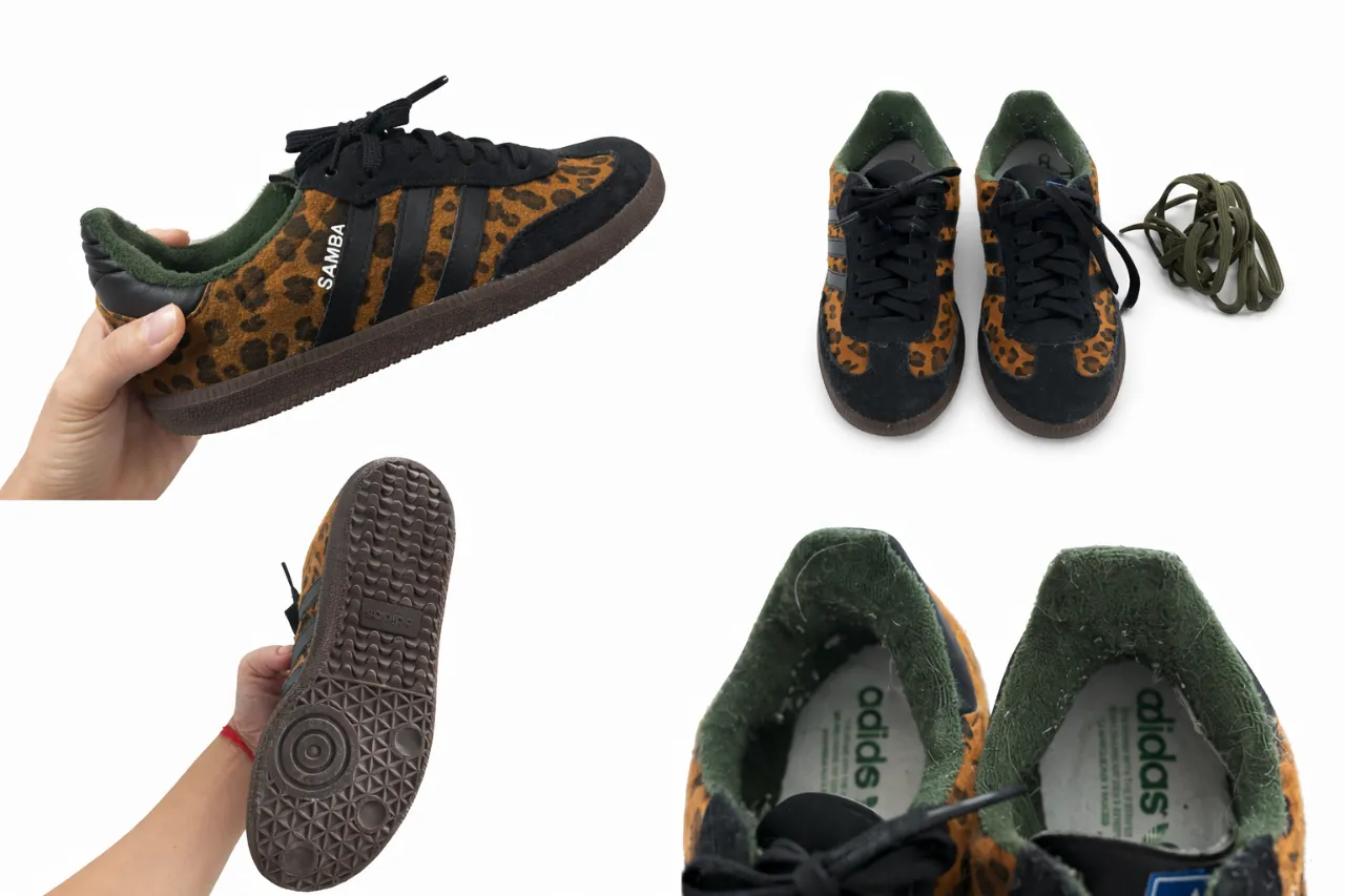 Zapatillas deportivas Adidas con estampa animal print de leopardo en los laterales y detalles en gamuza negra. Incluyen cordones de repuesto de color verde oscuro. Tiene algunos detalles de uso. 