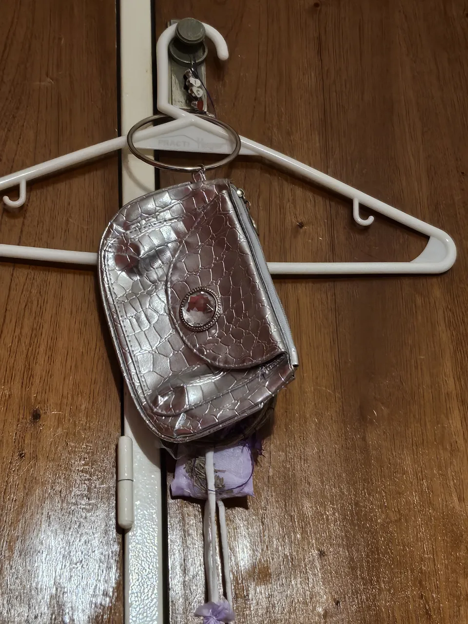 Cartera de mano plateada con diseño de reptil. Ideal para eventos especiales o para darle un toque glam a tu look diario. Cierre y detalles plateados.
