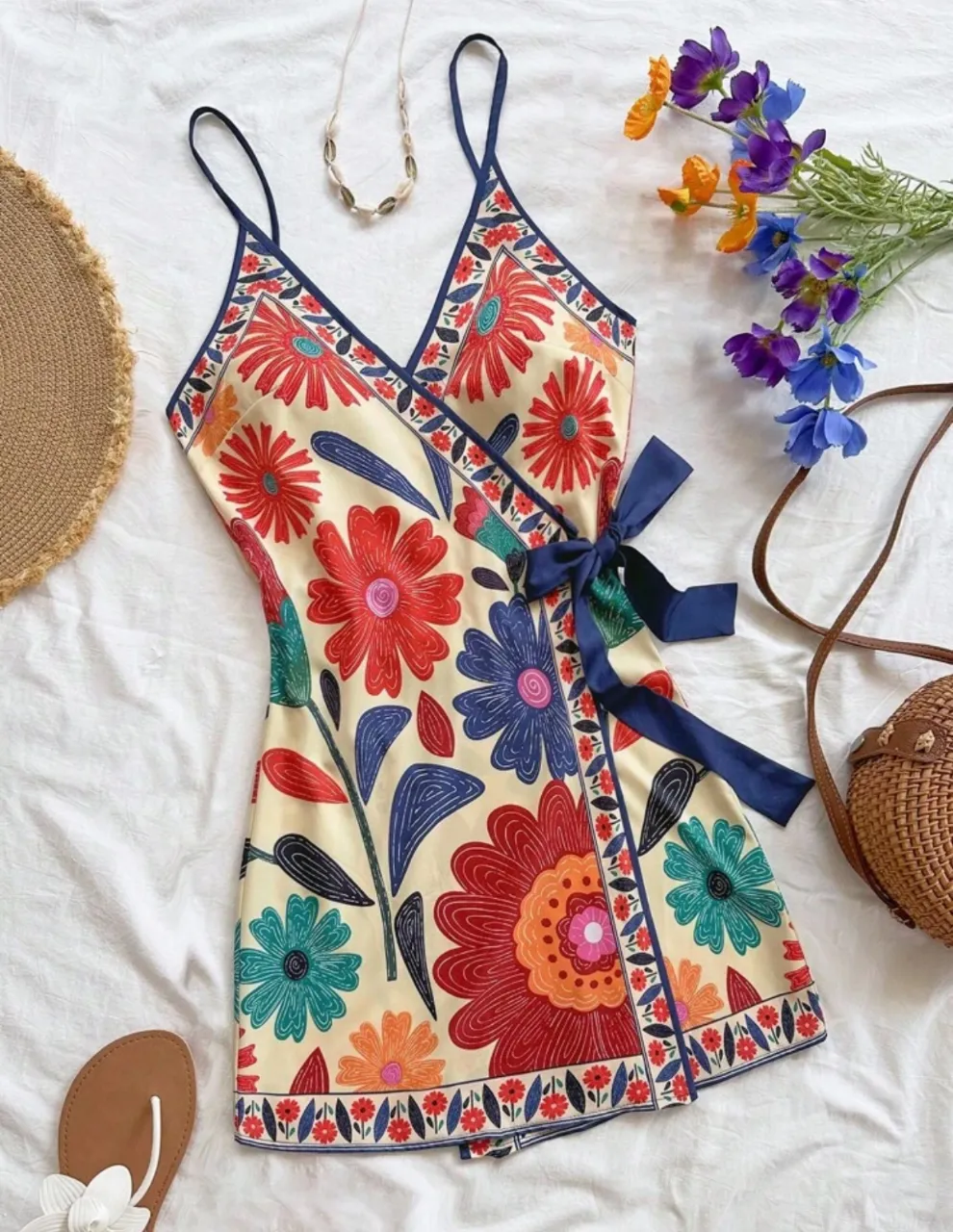 Vestido mini de mujer con estampado floral, escote en V y lazo en la cintura. Ideal para un look fresco y bohemio.