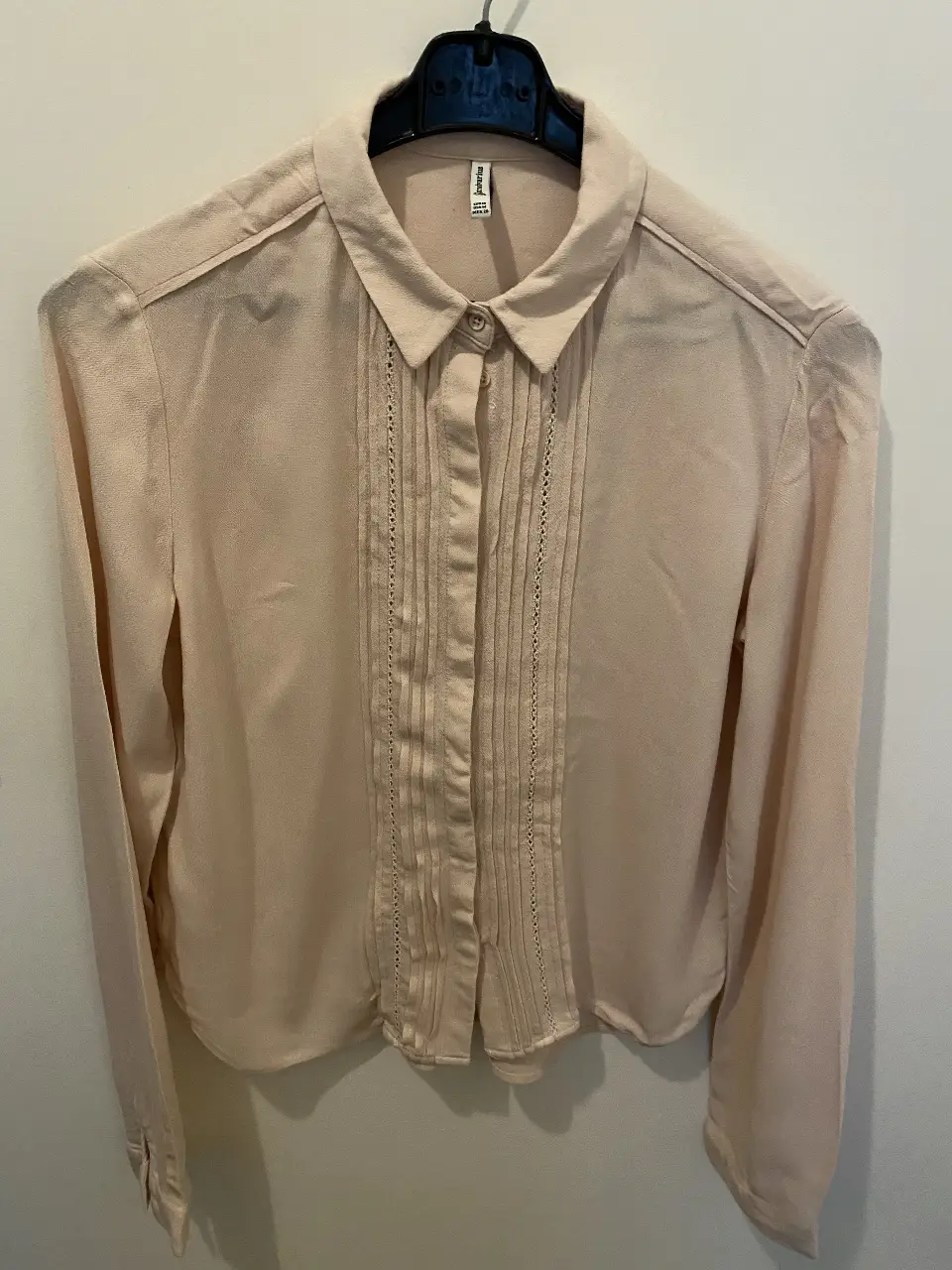 Blusa de manga larga color rosa claro, con detalles plisados y calados en el frente. Confeccionada en viscosa, ideal para un look elegante y femenino.