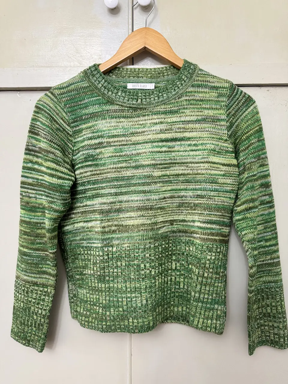 Sweater de mujer tejido en tonos verdes, ideal para un look casual y abrigado. Confeccionado con un diseño de punto que le da un toque único. Perfecto para combinar con jeans o pantalones.