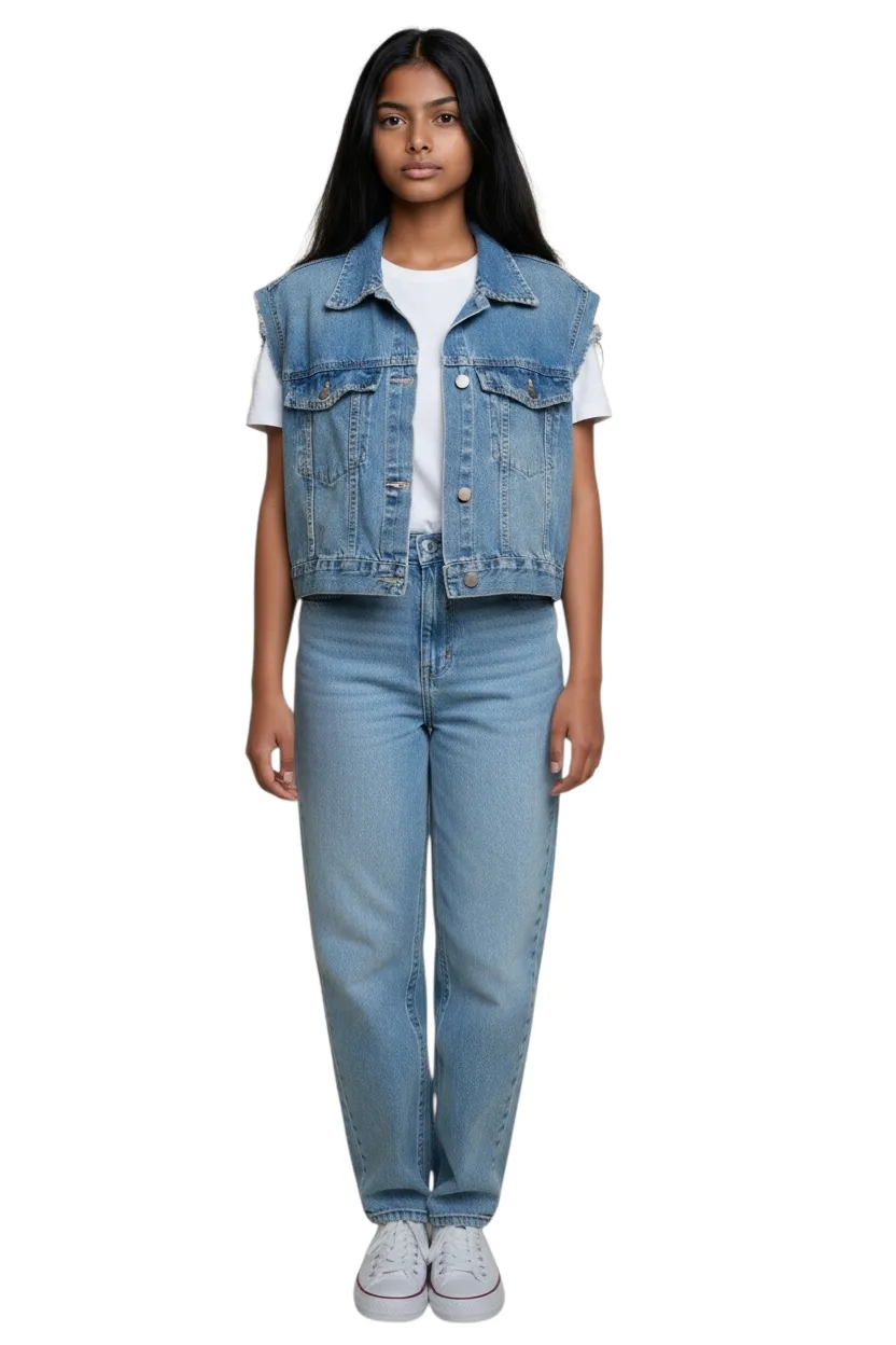 Chaleco de jean super oversize, con cuello y bolsillos. Ideal para un look casual y moderno.Ancho de sisa: 62cm. Largo total:48cm. Cintura regulable en 2 posiciones.