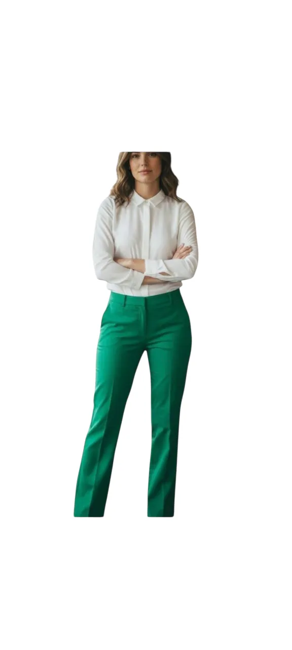 Pantalón de vestir verde esmeralda, tiro bajo, con presillas, cierre y botón.Corte recto y elegante. Falsos bolsillos traseros, 2 bolsillos delanteros. Ideal para un look sofisticado y moderno, perfecto para la oficina o un evento formal. Cintura: 43cm. Cadera: 52cm Tiro delantero:25cm.