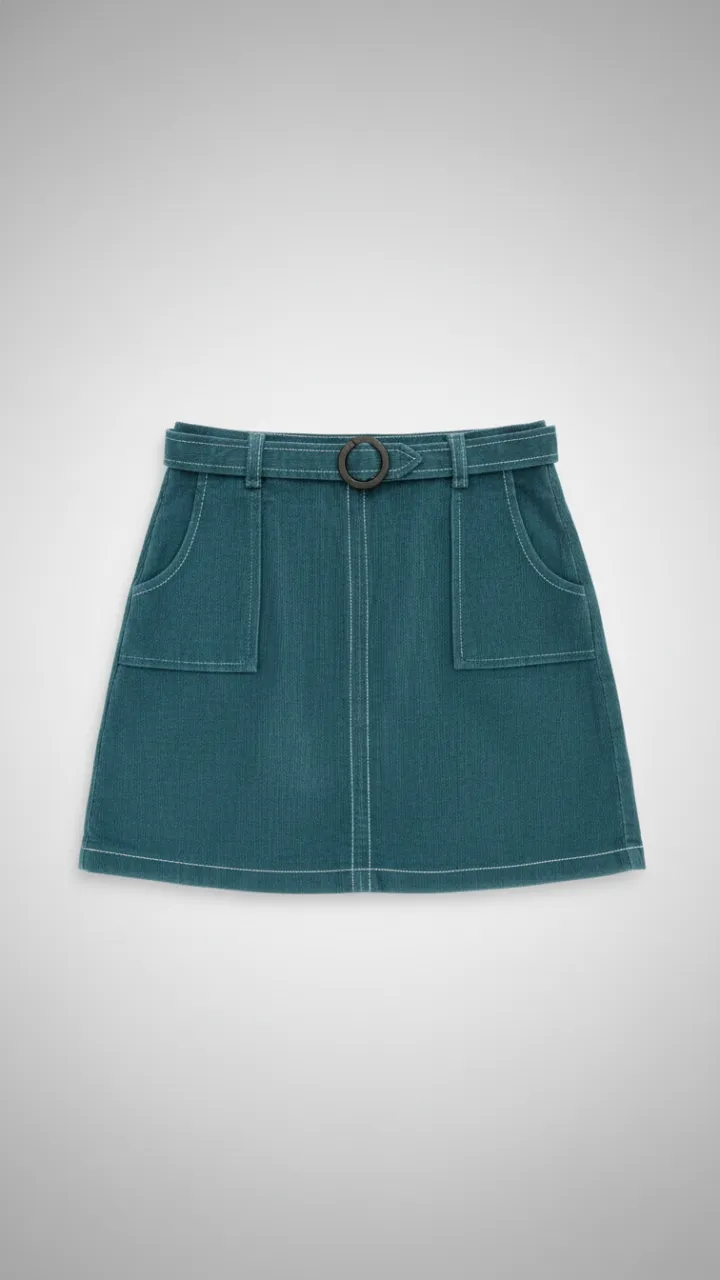 Pollera de gabardina color verde azulado con pespuntes blancos. Posee dos bolsillos delanteros y un cinturón con hebilla redonda.