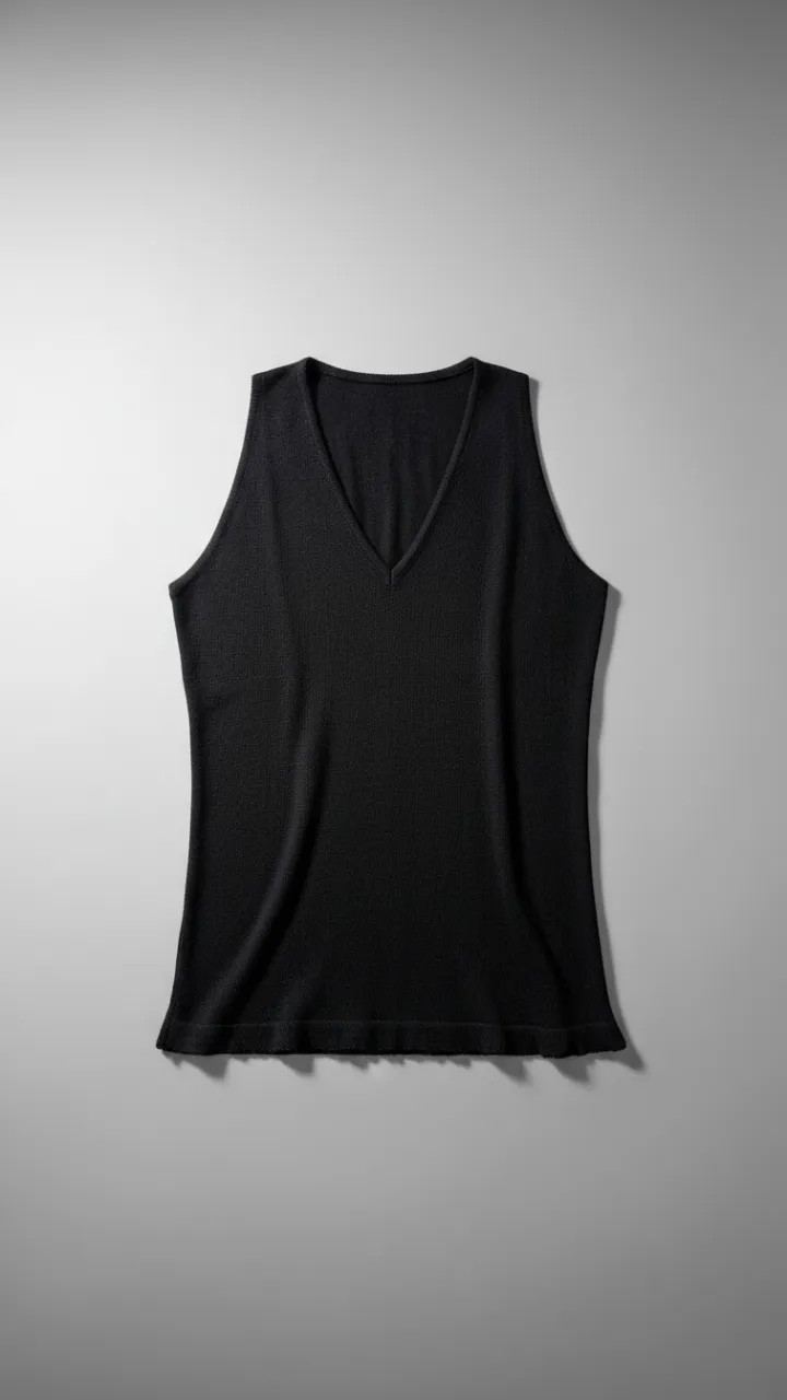 Musculosa negra con escote en V y terminación con volados en la parte inferior.