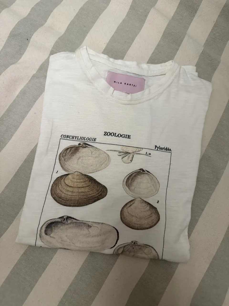 Remera blanca de algodón con estampado de ilustraciones de conchas marinas y la palabra "Zoologie". Cuello redondo y etiqueta "Mila Kartei". Ideal para un look casual y con onda.