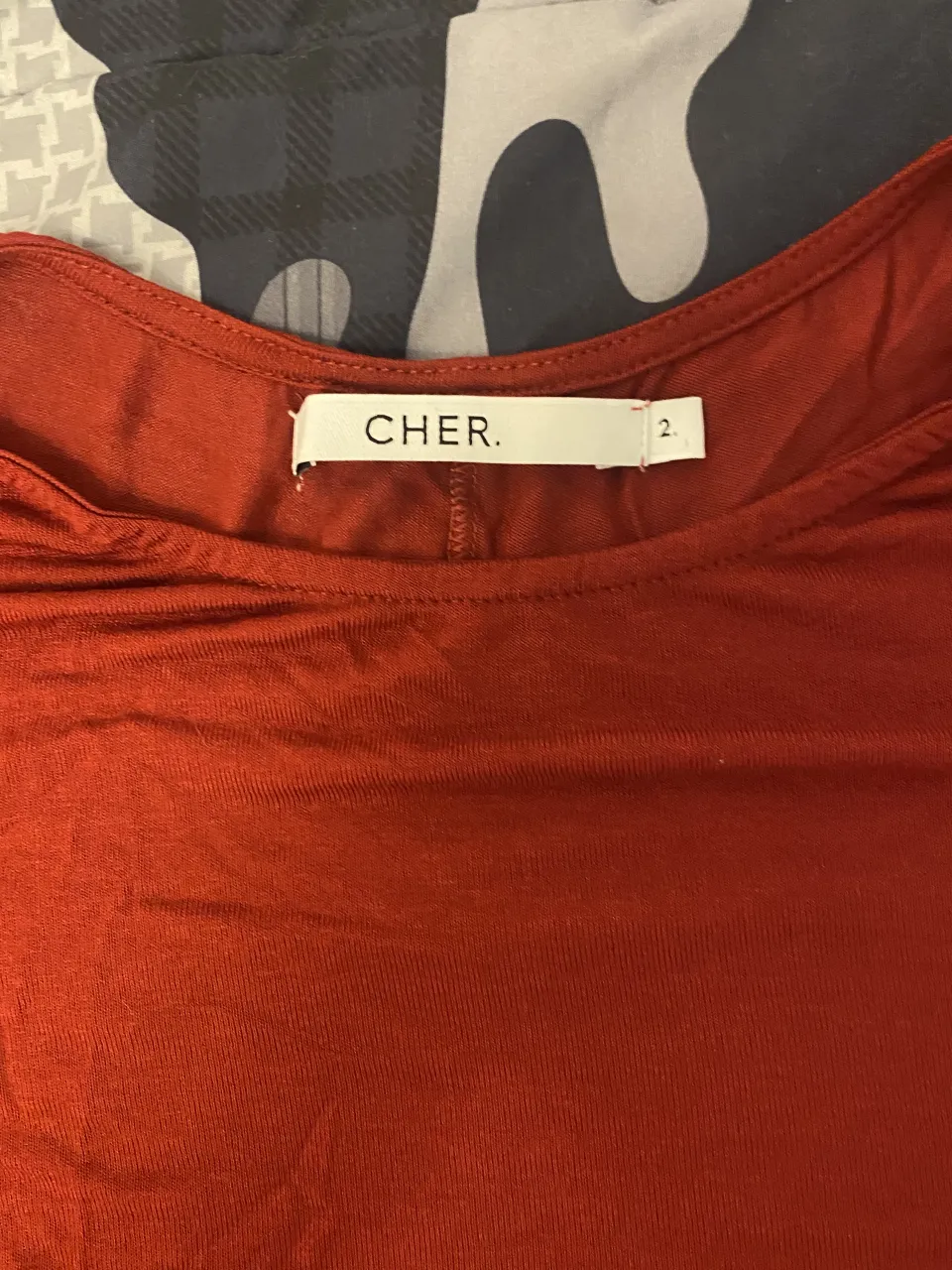 Remera de color rojo con mangas cortas y escote redondo. Posee un diseño asimétrico con la parte trasera más larga y con una abertura central.