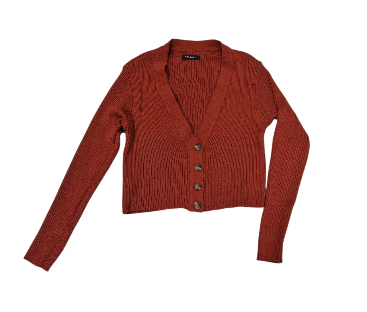 Cardigan de mujer color ladrillo/terracota, con cuello en V y botones. Ideal para un look casual. Talle Único (medida ancho 45cm/medida largo 47cm/largo manga 60)