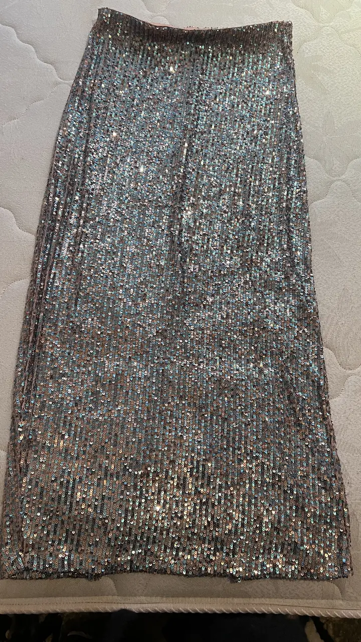 Pollera larga de lentejuelas plateadas con destellos Celestes ideal para fiestas y eventos especiales. Talle M, de la marca Zara. Cintura elastizada se adapta al curpo. sin uso 