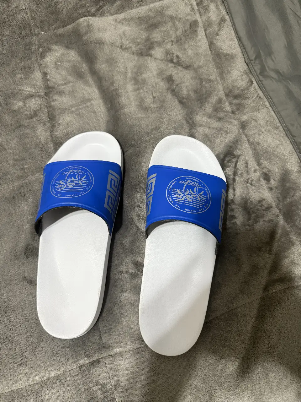 Ojotas de hombre con diseño de la marca Versace. Color blanco con detalles en azul, ideales para el verano y la playa. Cómodas y con estilo.