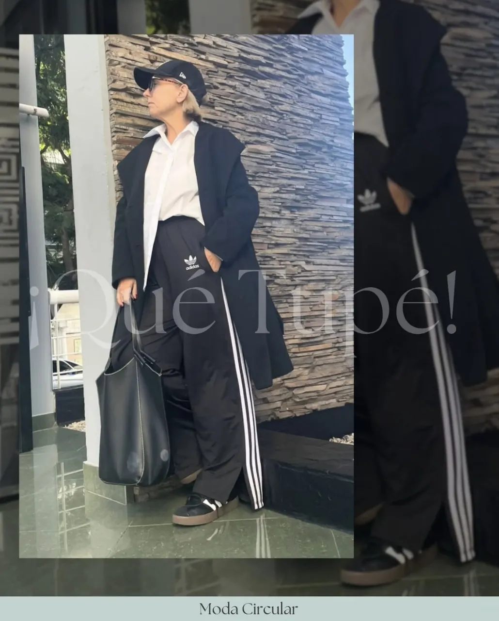 Pantalón deportivo Adidas negro con las tres tiras blancas laterales. Amplio y cómodo, ideal para un look casual y urbano. Perfecto para combinar con zapatillas y un buzo.