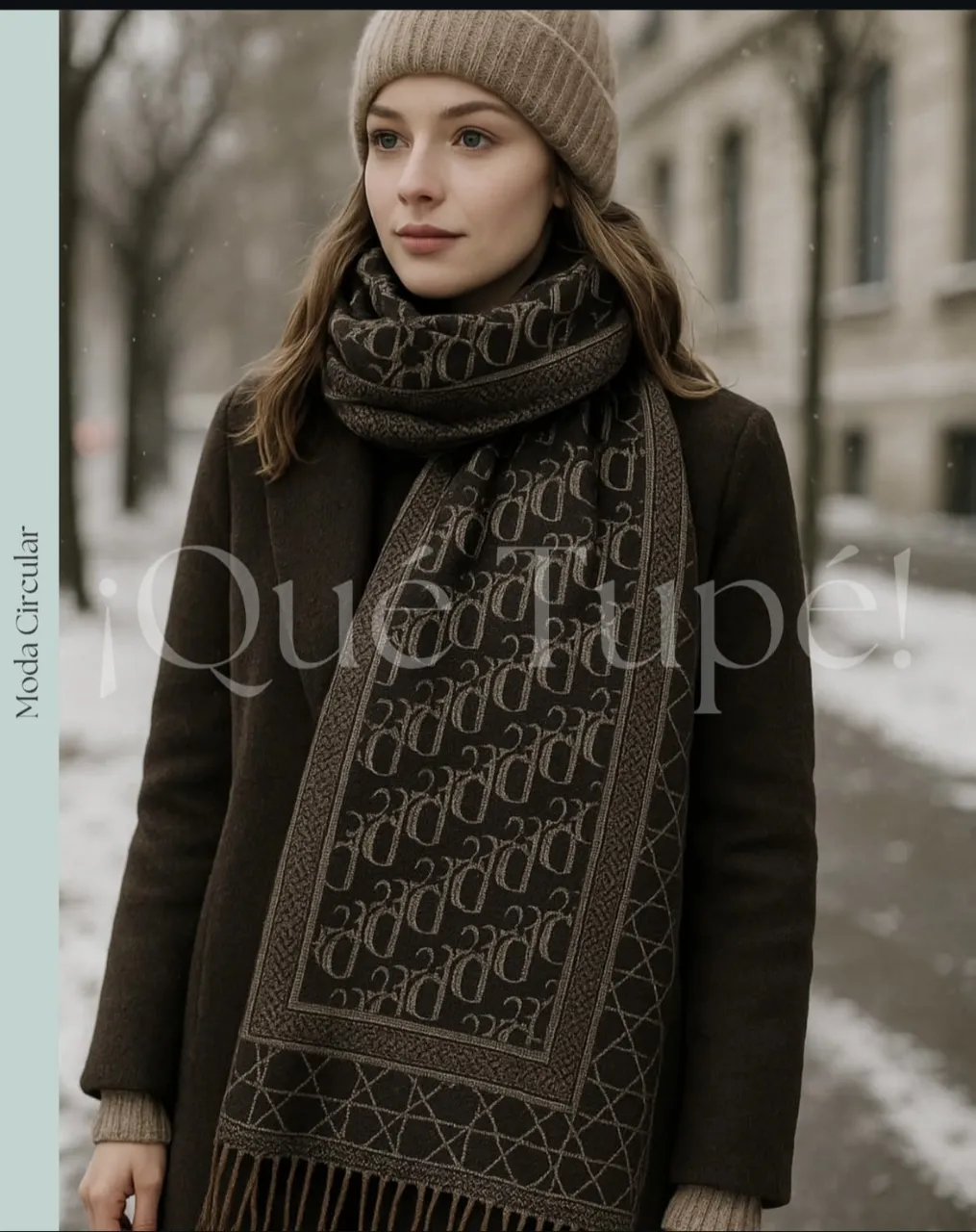 Bufanda de mujer con estampado de monograma en tonos marrones. Ideal para el invierno, esta bufanda ofrece un estilo elegante y abrigado.