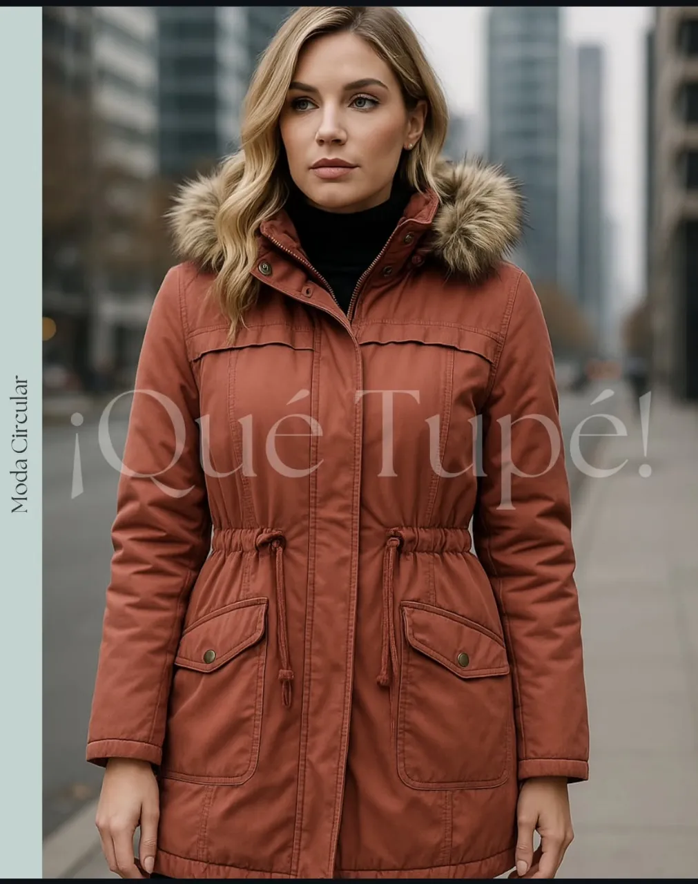 Campera de abrigo para mujer, estilo parka, color marrón óxido. Con capucha con borde de piel sintética, bolsillos amplios y ajuste en la cintura. Ideal para el invierno.
