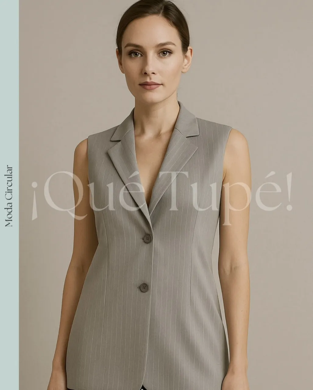 Chaleco sastrero de mujer, gris con rayas verticales blancas. Diseño con solapas y un botón. Ideal para un look formal o de trabajo.